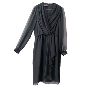 90s Sheer Ursula of Switzerland Black Chiffon Dress Deep V Neck Ruffle Skirt 8